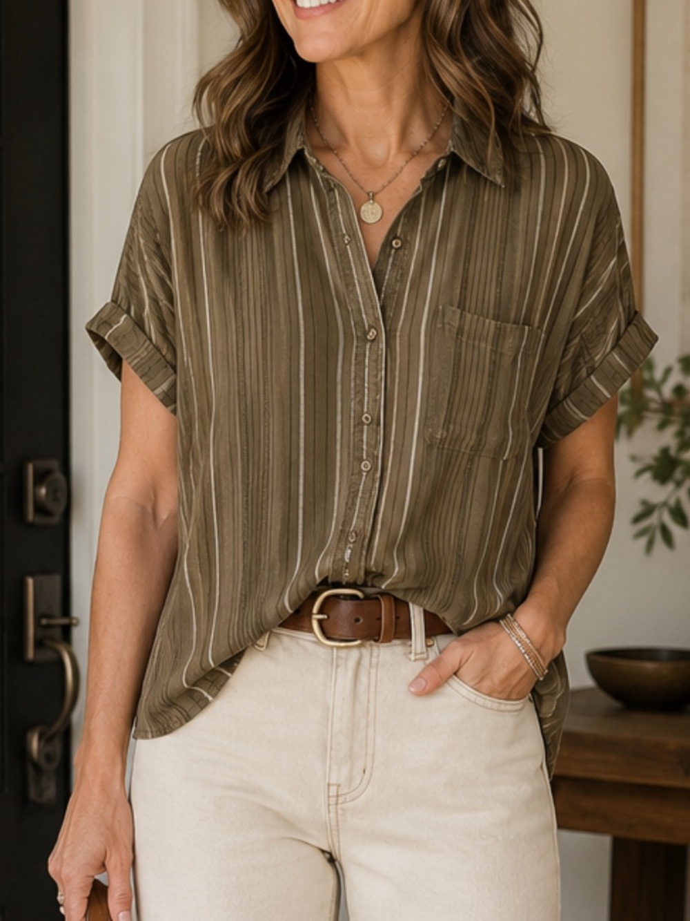 American Eagle Outfitters Olive and Cream Striped Button-Down Shirt Sz XL